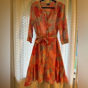 Talbots Shirt Dress Women's 14 Pink Retro Floral Belted Ruffle Cotton